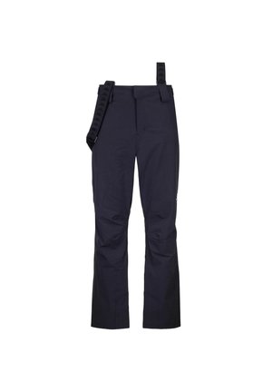 Pantaloni neri a vita alta con bretelle regolabili e marchiate e gambe dritte, progettati per uso all'aperto o casual.