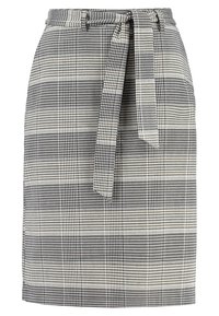 Karierter Rock in Schwarz und Weiß, mit Taillenschnur und geradem Schnitt. Strukturierter Stoff mit sichtbaren quadratischen und karierten Mustern.