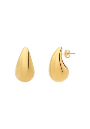 Pair of smooth, polished gold teardrop-shaped stud earrings with butterfly back closures on a white background.