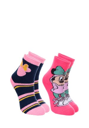 Two pairs of colorful ankle socks for children, one navy with pink stripes and a yellow bow design, the other bright pink with a cartoon character wearing a green hat.