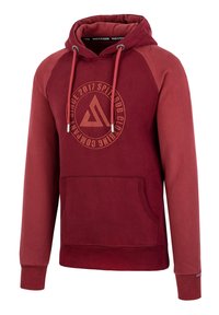 Bordeauxfarbenes Hoodie mit geripptem Saum und Bündchen, das ein großes, kreisförmiges Logodesign auf der Vorderseite aufweist. Strukturierter Stoff mit Kordeln an der Kapuze.