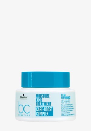 Moisture Kick Behandeling in een witte pot met een turquoise deksel. Etiket met blauwe en zwarte tekst, waarin staat dat het een care-boost complex bevat, 200ml.