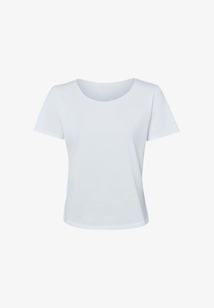 Prosty jasnoniebieski T-shirt z krótkim rękawem, okrągłym dekoltem i prostym dołem.