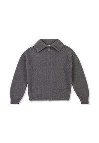 Harmaa ribbed-neule, jossa on kauluksellinen pääntie, täysi vetoketju ja pitkät hihat, jossa on teksturoitu neulekuvio ja istuva helma.