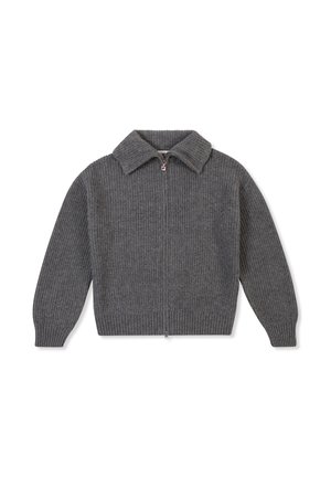 Harmaa ribbed-neule, jossa on kauluksellinen pääntie, täysi vetoketju ja pitkät hihat, jossa on teksturoitu neulekuvio ja istuva helma.