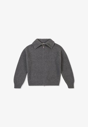 Grå ribbad tröja med krage, hel dragkedja och långa ärmar, med en texturerad stickad design och en figurnära fåll.