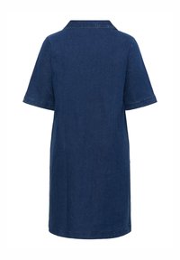 Dark blue denim dress with short sleeves, collar, and a relaxed fit. Clean lines and simple stitching detail visible. Smooth texture.