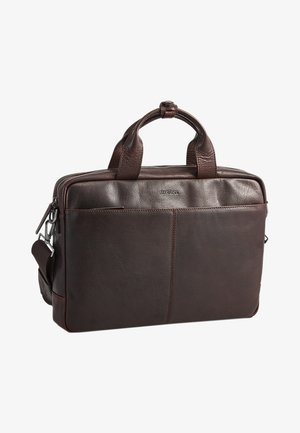 Borsa per laptop in pelle marrone con due manici, tracolla rimovibile e scomparto principale con zip. Presenta una tasca frontale e una superficie liscia.
