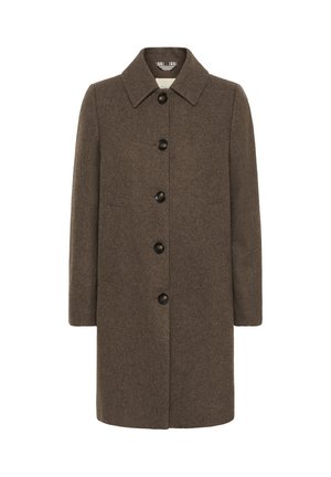 Brown wool coat with five dark buttons, a pointed collar, and two front pockets, shown on a white background.
