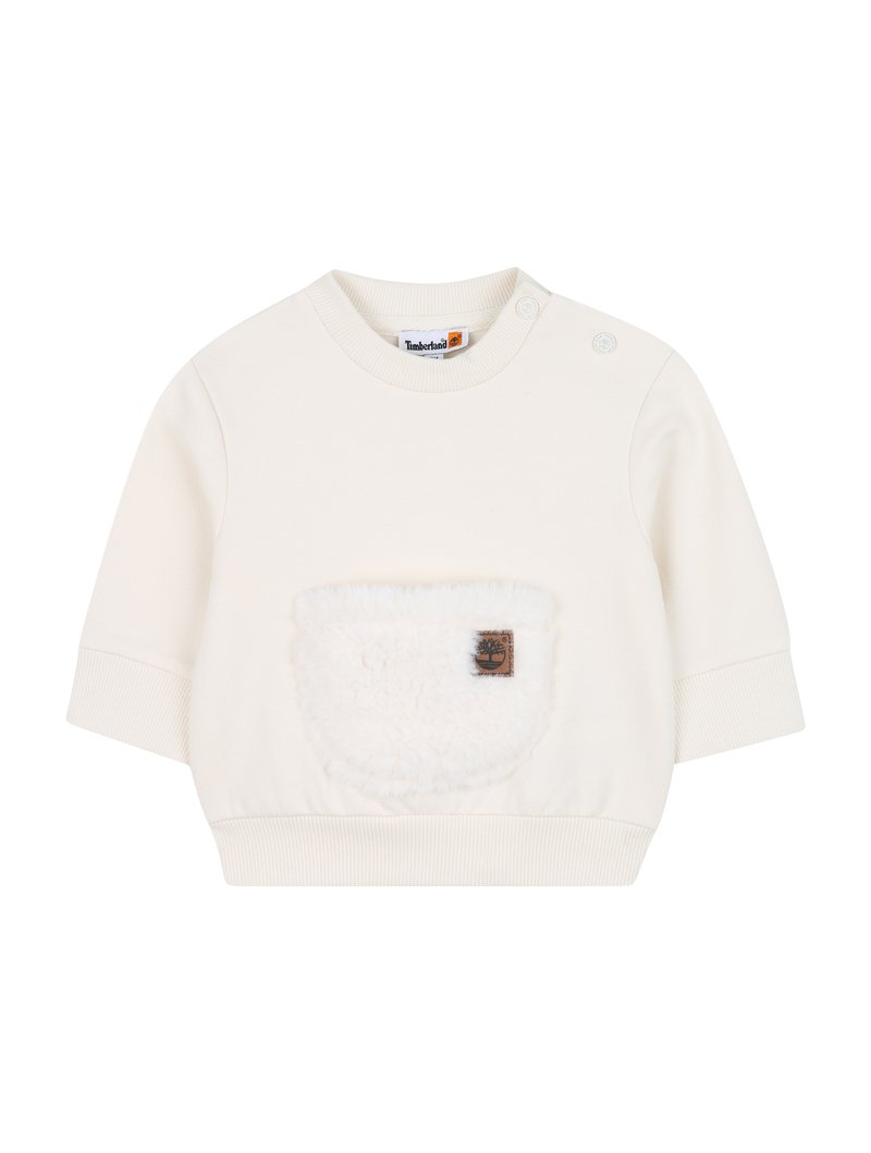 Crème-kleurig sweatshirt met korte mouwen, gemaakt van zacht materiaal, voorzien van een textuur fleece zakken en een klein logopatch.
