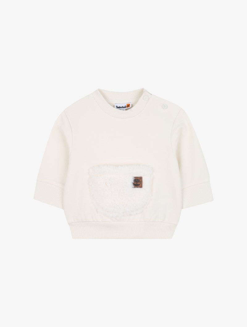 Crème-kleurig sweatshirt met korte mouwen, gemaakt van zacht materiaal, voorzien van een textuur fleece zakken en een klein logopatch.