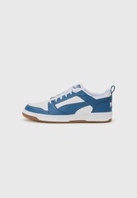 Blue and white sneaker with a rubber sole, leather and synthetic materials, perforated toe, and a logo on the heel. Round laces.