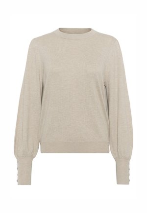 Pull beige à manches longues avec col rond et poignets à boutons, présentant une coupe légèrement ample et un ourlet ainsi que des poignets côtelés.