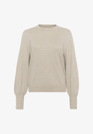 Pull beige à manches longues avec col rond et poignets à boutons, présentant une coupe légèrement ample et un ourlet ainsi que des poignets côtelés.