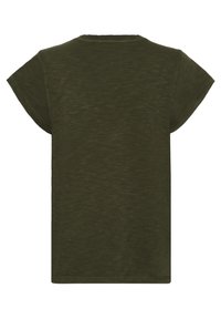 Alyvų žalios spalvos, trumpomis rankovėmis marškinėliai su apvaliu iškirpimu ir laisvu siluetu. Pagamintas iš tekstūruoto audinio, turi šiek tiek margą išvaizdą.