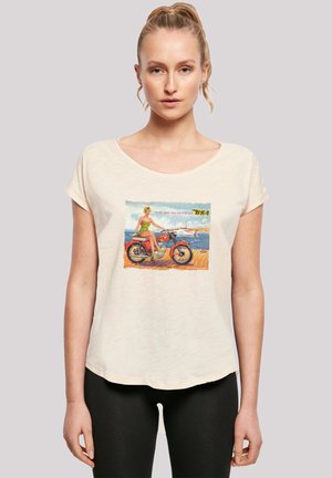 Cremfarbendes T-Shirt mit kurzen Ärmeln, das ein Vintage-Motorrad-Design zeigt. Weicher, leichter Stoff mit lockerer Passform und rundem Ausschnitt.