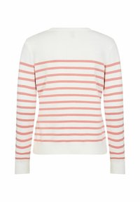 Suéter a rayas en blanco y rosa claro, diseño de manga larga, cuello redondo, textura suave, con rayas horizontales en la parte posterior.