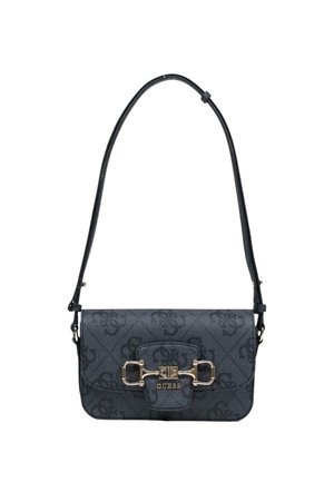 Bolso de hombro negro de Guess con monograma estampado, detalle de hebilla dorada y correa ajustable.