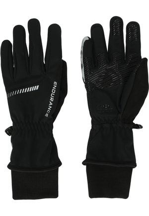 Gants d'endurance noirs avec poignets élastiques, coussinets antidérapants texturés sur les paumes et les doigts, et bandes réfléchissantes à l'arrière du gant gauche.