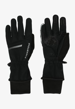 Gants d'endurance noirs avec poignets élastiques, coussinets antidérapants texturés sur les paumes et les doigts, et bandes réfléchissantes à l'arrière du gant gauche.