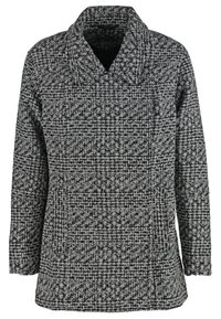 Kabát s kostkovaným vzorem v šedé a černé barvě, s ohnutým límcem, dlouhými rukávy a volným střihem. Vyrobeno z texturované tkaniny.
