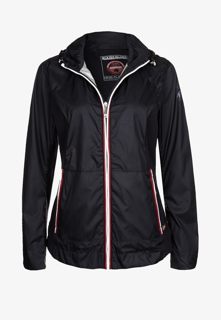 Veste légère noire à capuche avec fermeture éclair frontale et deux poches zippées ornées d'accents rouges et blancs.