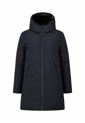 Cappotto invernale nero con cappuccio, cerniera frontale e tasche laterali inclinate, maniche lunghe e lunghezza fino a metà coscia.