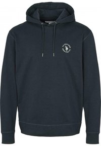 Marineblå huvtröja i bomullsblandning med framlogotyp, snoddar, ribbade ärmslut och nederkant. Slät textur och avslappnad passform.