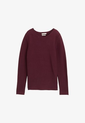 Långärmad topp i en djup burgundyröd färg, med en ribbad textur och rundad halsringning. Tyget verkar mjukt och elastiskt.