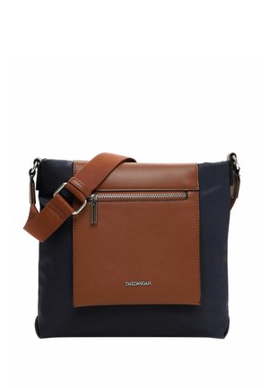 Brown and navy messenger bag with synthetic material, front zippered pocket, adjustable strap, and logo detail on the lower front.