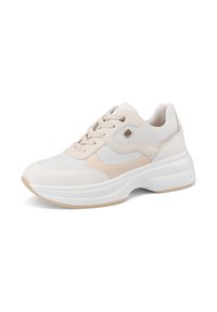 Sneakers leggeri in un mix di materiali bianchi e beige. Presentano una tomaia in mesh, una suola curvata e un branding sottile sul lato.