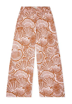 Pantalones de pierna ancha con un patrón abstracto de conchas marinas en naranja y blanco, y una cintura elástica.