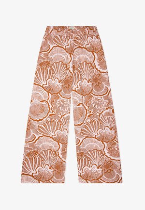 Pantalones de pierna ancha con un patrón abstracto de conchas marinas en naranja y blanco, y una cintura elástica.