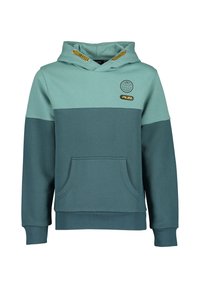 Felpa con cappuccio in teal e verde scuro, dotata di una tasca frontale e di un logo del globo ricamato sul petto. Tessuto testurizzato.