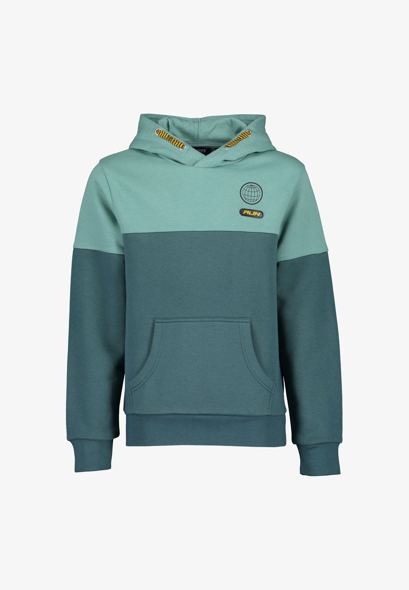 Felpa con cappuccio in teal e verde scuro, dotata di una tasca frontale e di un logo del globo ricamato sul petto. Tessuto testurizzato.