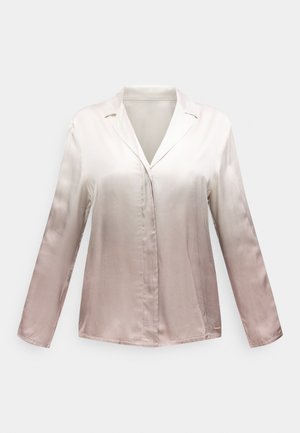 Bluză din satin cu mâneci lungi, cu nuanțare în degrade de la alb sus la bej deschis jos, având un guler și nasturi frontali ascunși.