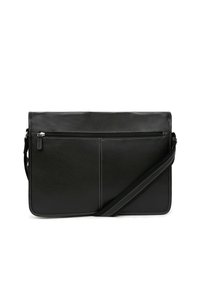 Borsa a tracolla in pelle nera con cinturino regolabile, design piatto, tasca con zip, cuciture senza soluzione di continuità e finitura testurizzata.