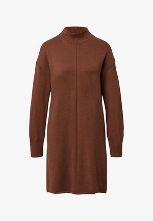 Braunes Strickkleid mit hohem Kragen, langen Ärmeln und gerippten Bündchen. Verfügt über eine lockere Passform und vertikale Nahtdetails.