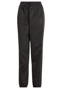 Pantalones de chándal negros de corduroy con cintura elástica, cordón y rayas laterales; presenta un logo sutil en la parte frontal.