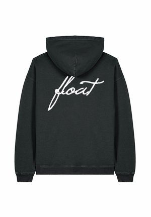 Felpa nera con tasca frontale, cappuccio e polsini a coste. Presenta un testo bianco scritto a mano "float" sulla parte posteriore. Tessuto morbido.