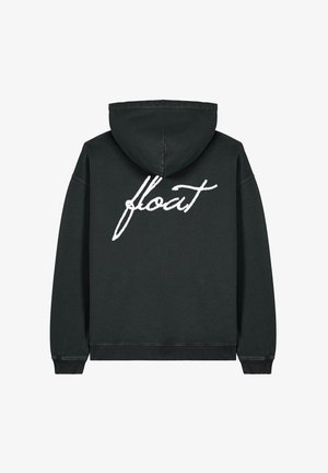 Zwarte hoodie met een voorkennis, capuchon en geribbelde manchetten. Heeft op de achterkant een witte handgeschreven tekst "float". Zacht materiaal.