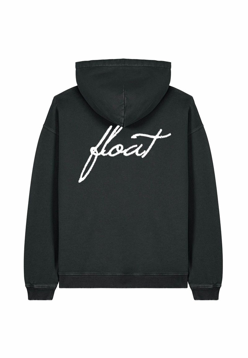 Hoodie noir avec une poche sur le devant, une capuche et des poignets côtelés. Présente un texte manuscrit blanc "float" dans le dos. Tissu doux.