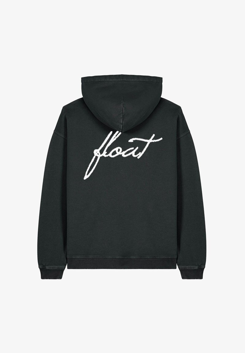 Zwarte hoodie met een voorkennis, capuchon en geribbelde manchetten. Heeft op de achterkant een witte handgeschreven tekst "float". Zacht materiaal.