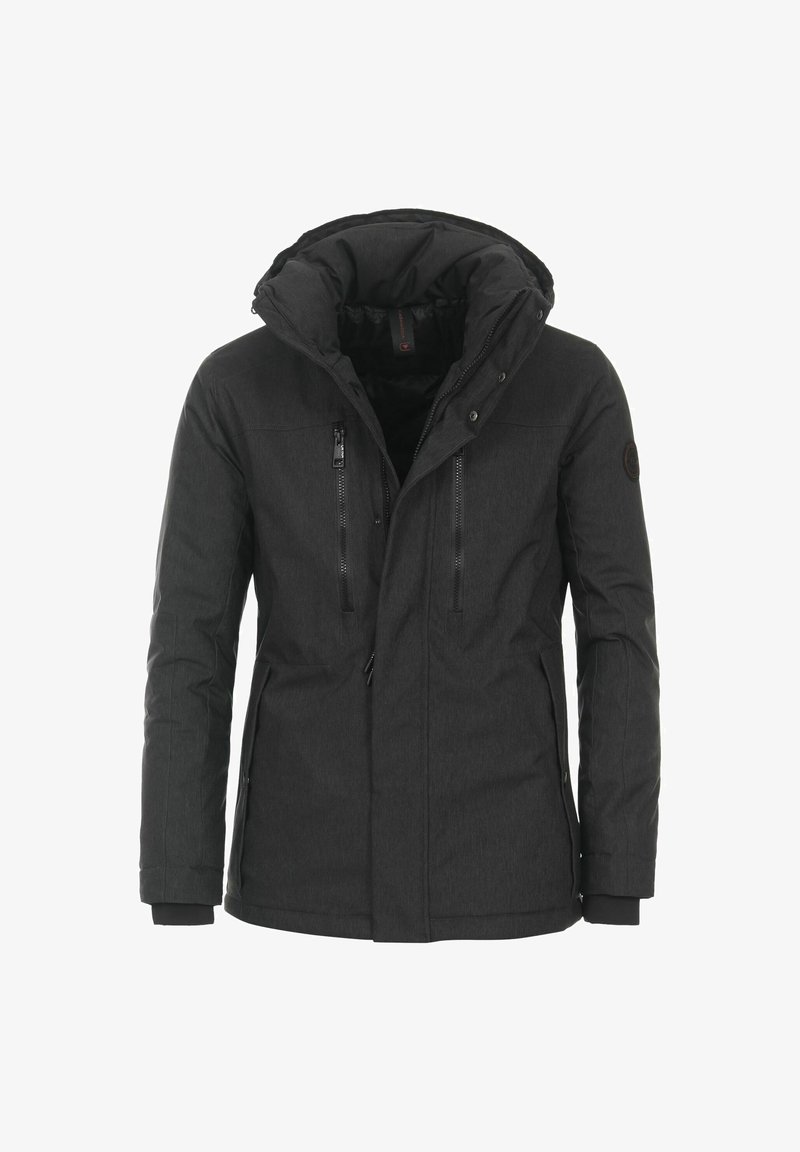 Black insulated jacket with a high collar, zip front, and two zip pockets. Features a detachable hood and textured fabric.