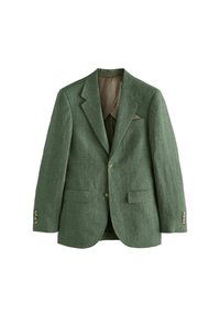 Grüner Leinenblazer mit Reverskragen, zwei vorderen Taschen und einer Brusttasche. Verfügt über vier Knöpfe an jedem Ärmel und ein glattes Innenfutter.