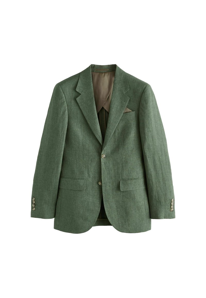 Grüner Leinenblazer mit Reverskragen, zwei vorderen Taschen und einer Brusttasche. Verfügt über vier Knöpfe an jedem Ärmel und ein glattes Innenfutter.