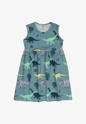 Ärmelloses, türkisfarbenes Kleid mit ausgestellt Rock, das mit verschiedenen bunten Dinosaurier-Mustern und Akzenten von Palmenblättern versehen ist. Hergestellt aus weichem Baumwollstoff.