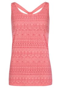 Top de tirantes rosa con un diseño de tirantes entrelazados, que presenta una textura estampada en tonos claros y oscuros. Tela suave, sin mangas.