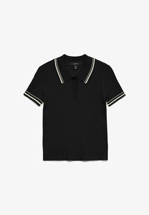 Polo en tricot noir à manches courtes avec un motif texturé, patte de boutonnage et double bandes blanches sur le col et les bordures des manches.