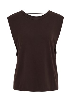 Haut sans manches marron foncé avec épaules rembourrées et encolure ronde, en tissu lisse, présenté sur fond blanc.